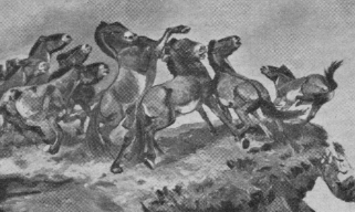 Urzeitliche Jäger treiben Pferde über eine Felsklippe